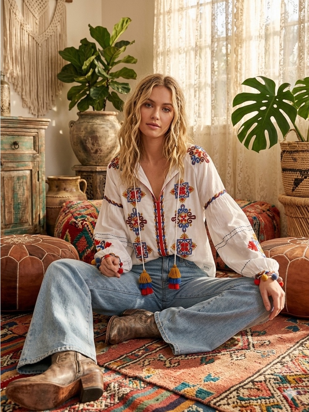 Misa Los Angeles White Open V-neck Long Sleeve Top With Embroidery